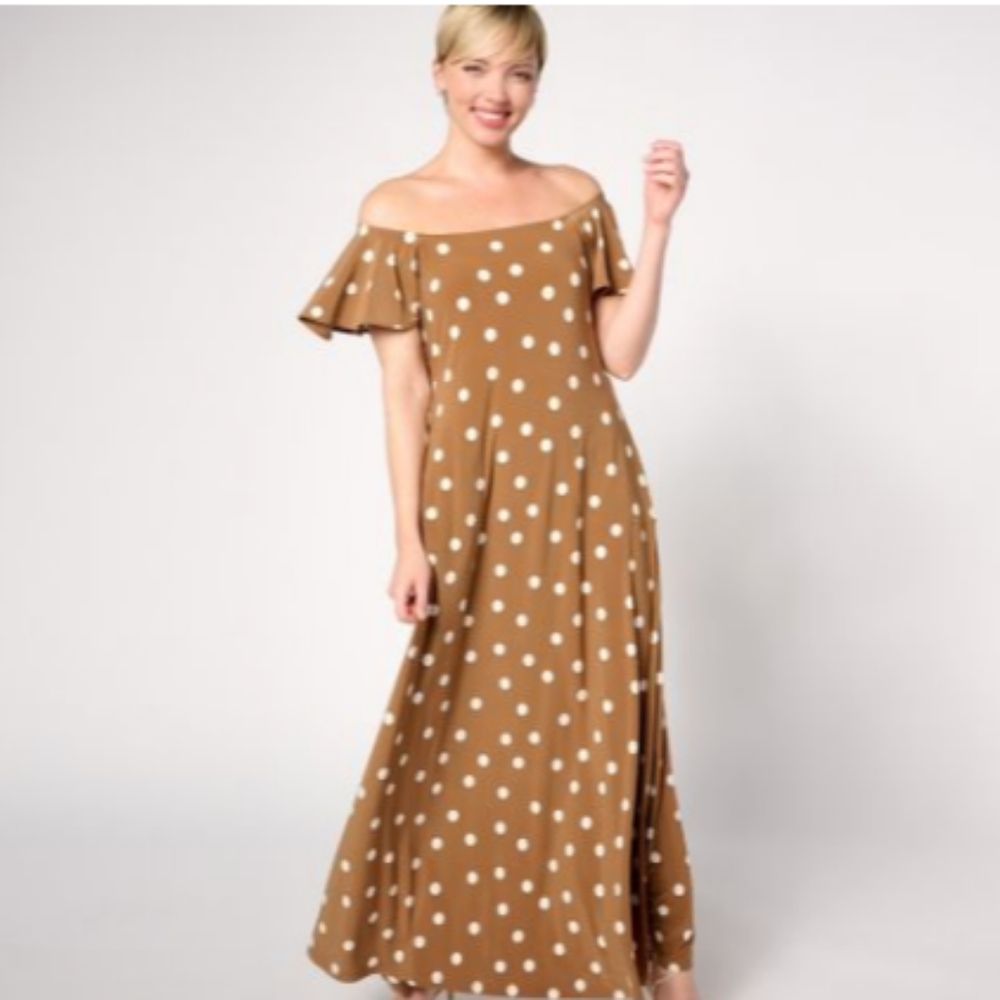 Jersey Flutter Sleeve Polka Dot Off/On Shoulder Maxi Dress